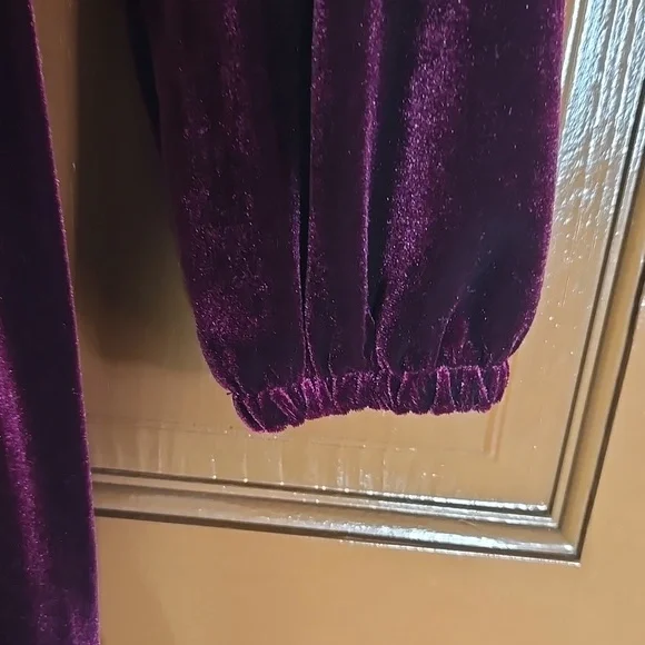 Halara-Wine velvet V neck long sleeved dress with ruffled bottom Sz S. NWT. - Picture 6 of 8